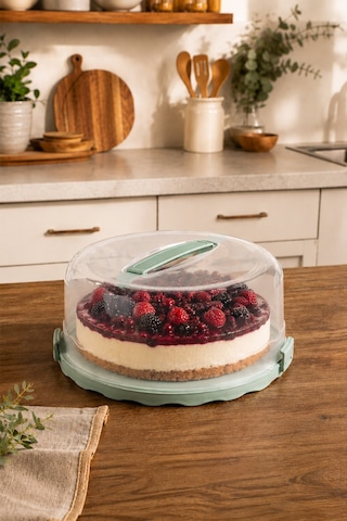Porsima L-00501-2 Kilitli Kulplu Yuvarlak Kek Ve Pasta Taşıma Fanusu 26 Cm Turkuaz / Su Yeşili