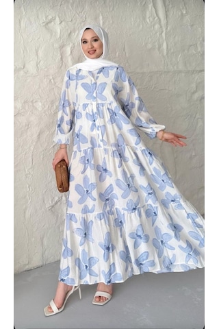 Modal Kumaş Çiçekli Düğmeli Elbise - Mavi Mavi