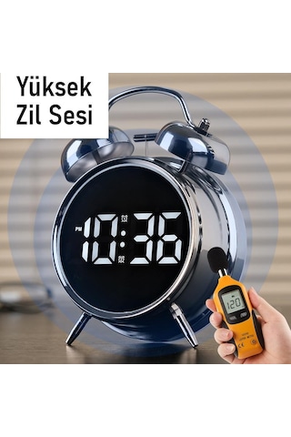 Valkyrie Led Ekranlı Analog Alarmlı Masa Saati Çalar Saat Pil Dereceli Çift Alarmlı Dijital Saat Gümüş