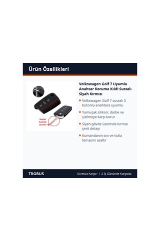 Trobus Volkswagen Golf 7 Uyumlu Anahtar Koruma Kılıfı Katlanır Siyah Kırmızı