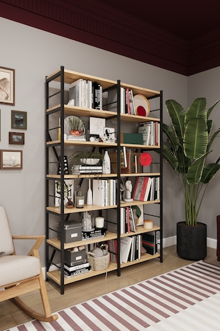 Asra Trend 6 Raflı Metal Kitaplık METALK02 %100 MDF İki Modüllü Geniş Kütüphane Safir Meşe