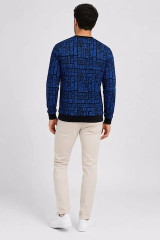 DefyModa Erkek Siyah Mavi Yazı Desenli İki İplik Şardonlu Sweatshirt Lacivert