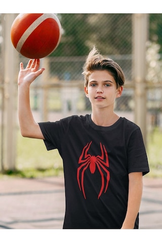 Sevbano Örümcek Adam Logo Baskılı Unisex Spider-man Film Çocuk Tişört 1- Siyah