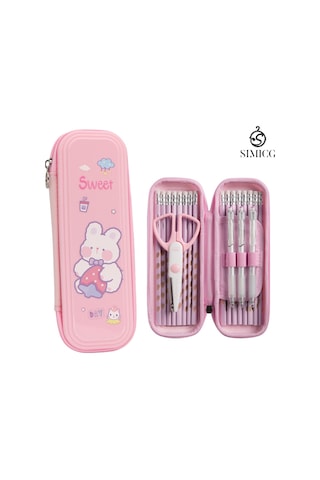 Karikatür Büyük Kapasiteli Su Geçirmez Çift Katmanlı Plastik Kalem Kutusu Pembe