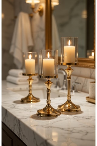 Lumina Gold Royale Şamdan Seti Sırasıyla 39 - 34 - 29cm / Dekoratif Masa Şamdanı Salon & Yemek Masası Mumluk Eskitme Gold