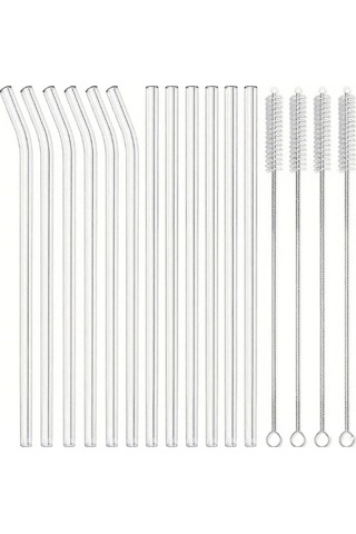 Dofolink 16'lı Tekrarlı Kullanım Cam Pipet Seti: 6 Düz + 6 Eğik Pipet Ve 4 Temizleme Fırçası, Şeffaf Cam, Sütlü İçecekler Ve Meyve Suyu İçin Uygun Şeffaf