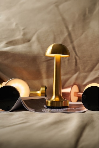 Mantar Masa Lambası Gold Renk Şarjlı Kablosuz Metal Masa Lambası, Dokunmatik Led Başucu Lambası