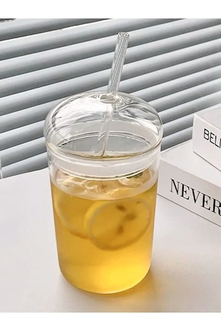 500 Ml Borosilikat Cam Bardak Cam Kapaklı Ve Pipetli, Silikon Contalı, Isıya Dayanıklı Şeffaf Tasarım Cam - Şeffaf