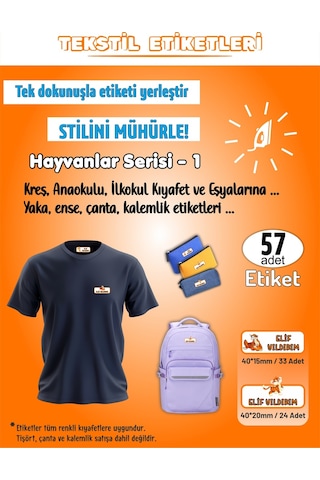 Hayvanlar Serisi - 1 Kreş Anaokulu İlkokul Kıyafet Eşya Yaka Ense İsim Etiketi 57 Adet Karışık