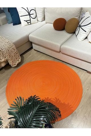 Mavaux Turuncu Jüt Yuvarlak Hasır Görünümlü Klasik Halı Kilim Turuncu 70 X 70 Çok Renkli