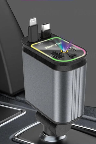 Acl Acc-01 Rgb Işıklı 66w Araç Şarj Cihazı 4in1 Geri Çekilebilir Kablo Type-c + Lightning Yıldızlı Tavan