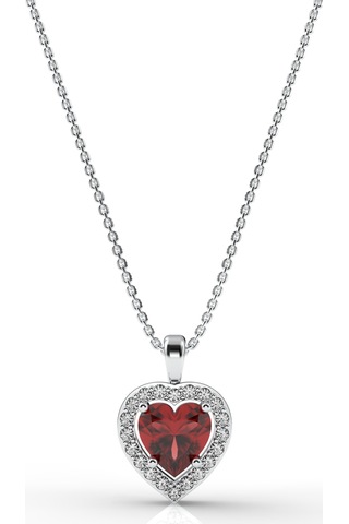 925 Ayar Lal Taşlı Rodyum Pırlanta Görünümlü Kalp Gümüş Kolye Gümüş - Rodyum