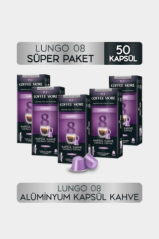 Coffee More 8 Lungo Kapsül Kahve 10 X 5 Paket 50 Adet Nespresso Uyumlu Kapsül Kahve