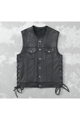 Yanları Deri Ip Bağlamalı Biker Yelek Hakiki Deri