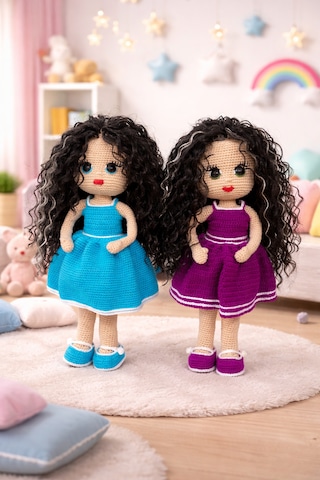 Amigurumi Kız Bebek El Örgüsü, Sentetik Uzun Kıvırcık Saçlı Oyuncak Bebek Bordo