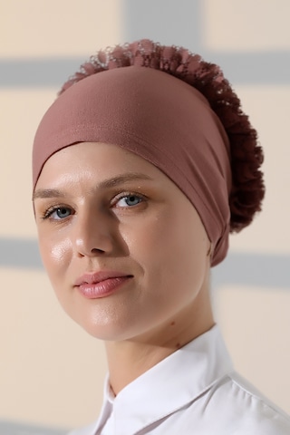 Kadın Fırfırlı Güpürlü Tesettür Topuz Bone - Gül Kurusu Gülkurusu