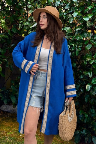 Kadın Saks Müslin Kumaş, Hasır Şerit Detaylı Salaş Kimono Ceket Saks