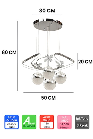 4 Toplu Kumandalı 3 Renk Büyük Salon Avize Krom Gümüş Kasa Dron