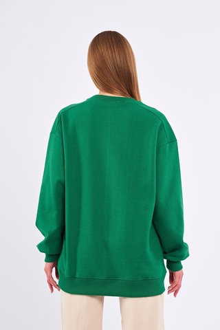 Mmetalic Yeşil Kadın Pamuklu Oversize Basic Bisiklet Yaka Sweatshirt 001