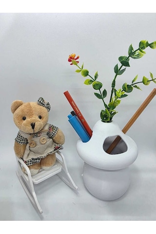 Kalemlik-ayıcık- Beyaz- Sima Mantar Çiçekli Üç Gözlü Kalemlik Düzenleyici Beyaz