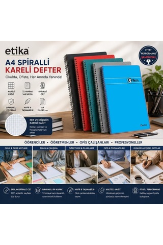 A4 Spiralli Kareli Okul Defteri - Pp Kapak, 72 Yaprak / 144 Sayfa