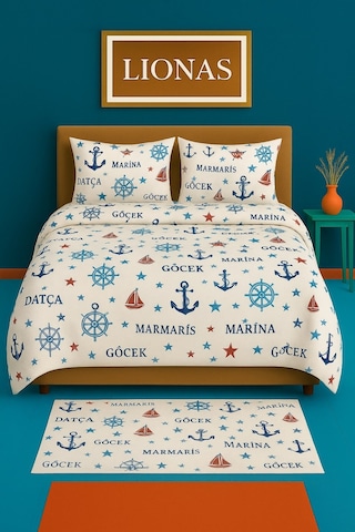 Çift Kişilik Desenli Nevresim + 2 Adet Kapaklı Yastık Kılıfı Deniz Mavisi