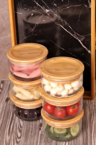 Bambum Duo 300ml 6'lı Siyah Tepsili Bambu Kapaklı Cam Kahvaltılık