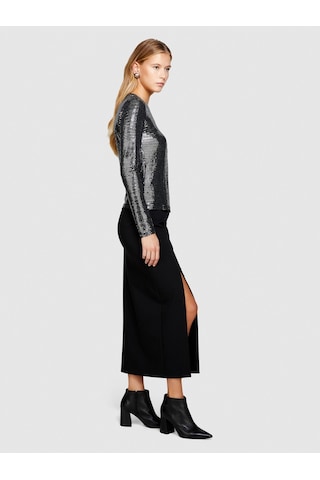 Sisley Poliviskoz Esnek Midi Boy Yandan Fermuarlı Etek Kadın Siyah T-shirt - 323a47n8l001n