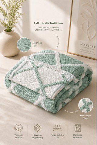 Premium Geometrik Kare Desenli %100 Pamuk Müslin Çift Taraflı Yatak Örtüsü Pike 220x240 Çift Kişilik Mint Yeşili