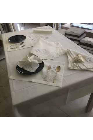 Vaveni Sofra Takımı Taç Gardenya Keten Yemek Takımı 160x260 Masa Seti 26 Parça Runner Set Krem Arz