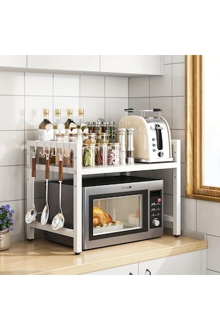 Honeybeeshop Beyaz 38 66cm 2 Katmanlı Genişletilebilir Mikrodalga Rafı Metal Mutfak Tezgahı Depolama Rafı 6 Saç Tokası İle Pratik Ev Mutfak Çözümü