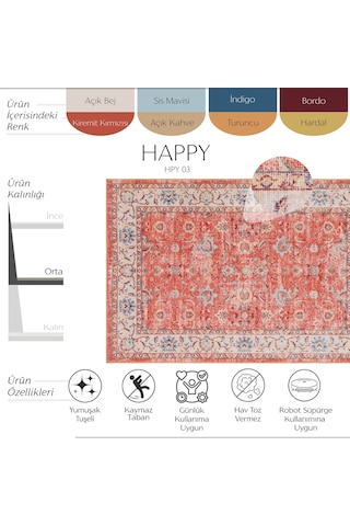 Cool Halı Happy Kırmızı Halı Vintage Kaymaz Eskitme Bohem Modern Kiremit Salon Oturma Odası Halısı