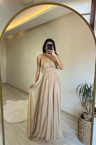 Neşeli Butik Kadın Drapeli Işıltılı Kalın Askılı Abiye Elbise Nm003 Sarı