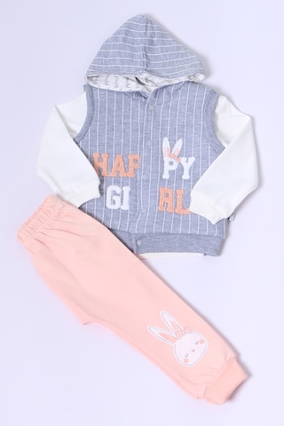Kız Bebek Yelekli Takım Kapşonlu Çıtçıtlı Tavşan Baskılı A15 Yavruağzı