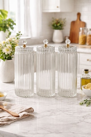 Qerhome 3'lü Borosilikat Cam Optik Çizgili Kristal Gold Kapaklı Kavanoz Seti 1500 Ml Şeffaf