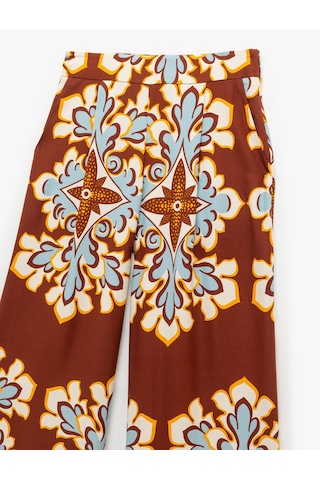 Koton Koton X Melis Ağazat - Viskon Kumaş Etnik Desenli Uzun Geniş Paça Pantolon Kahverengi Desenli 5sak40130ew Kahverengi Desenli