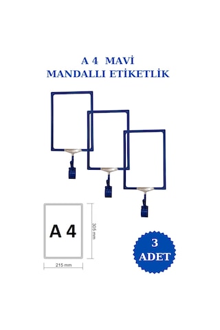 3 Adet Mavi A4 Mandallı Raf Sepet Etiketi Çerçeveli Etiketlik Mavi
