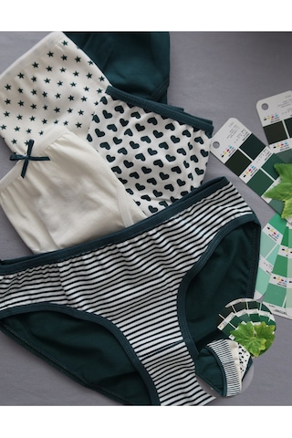 Alya Underwear Kız Çocuk Kalpli Dokuma Lastik Pamuklu Kumaş Slip Külot 5'li Paket 5 Adet Beyaz Koyu Yeşil P22