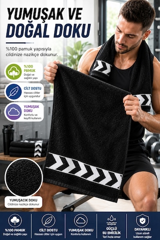 Siyah 30x100 Cm %100 Pamuk 450 Gsm Spor Havlusu Fitness Gym Boks Tenis Golf Yüz Havlusu Yıkanabilir