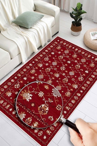 Dijital Baskılı Renkli Kilim Desenli Kaymaz Taban Yıkanabilir Halı Bordo