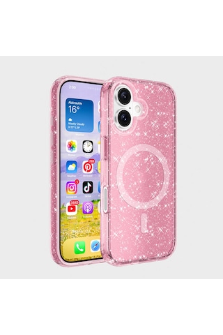 Apple Uyumlu iPhone 16 Kılıf M-safe Şarj Özellikli Parlayan Simli Saydam Renkli Zore Allstar Kapak Pembe