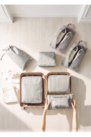 Ocean Home Textile 8'li Gri Balıksırtı Bavul İçi Düzenleyici Set