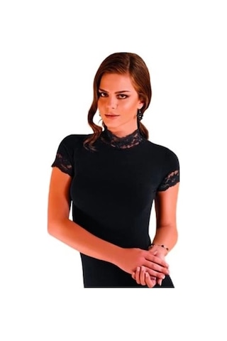 Kadın Dantelli Kısa Kollu Elastan Bluz 2144 Siyah