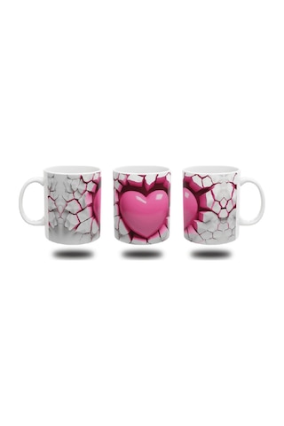 Kalp Figürlü Pembe 3 Boyutlu Görsel Baskılı Kupa Bardak Romantik Ve Etkili Bir Tasarım