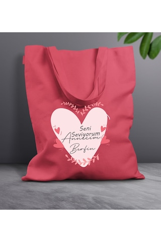 Bk Gift Kişiye Özel İsimli Anneler Günü Tasarımlı Kırmızı Kumaş Bez Çanta, Baskılı Omuz Çantası, Alışveriş Çantası, Anneler Günü Hediyesi, Anneye Hediye-10