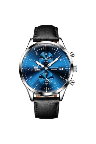 Olevs 2880 Erkekler Çok Fonksiyonlu İş Su Geçirmez Deri Kayış Kuvars İzle Mavi