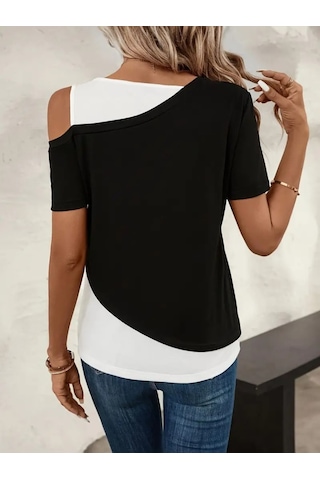 Ahes Shopping Kadın Kısa Kollu Geometrik Kesin Detaylı Çift Renkli Viskon Bluz Siyah