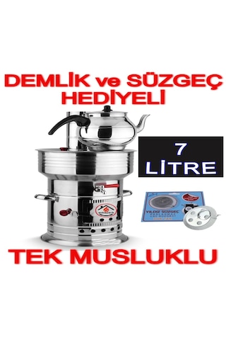 Odunlu Kömürlü Çay Semaveri Odunlu Kömürlü Semaver Tek Musluklu Semaver 7 Litre Demlik 1 Litre