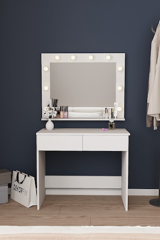 Dekorfim DF02108B LED Işıklı Aynalı Holywood Makyaj Masası, Bölmeli Çekmeceli Organizer Kozmetik Masası