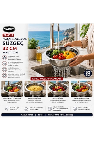 32cm Kulpsuz Paslanmaz Metal Sepet Süzgeç Bx40 50 x 22